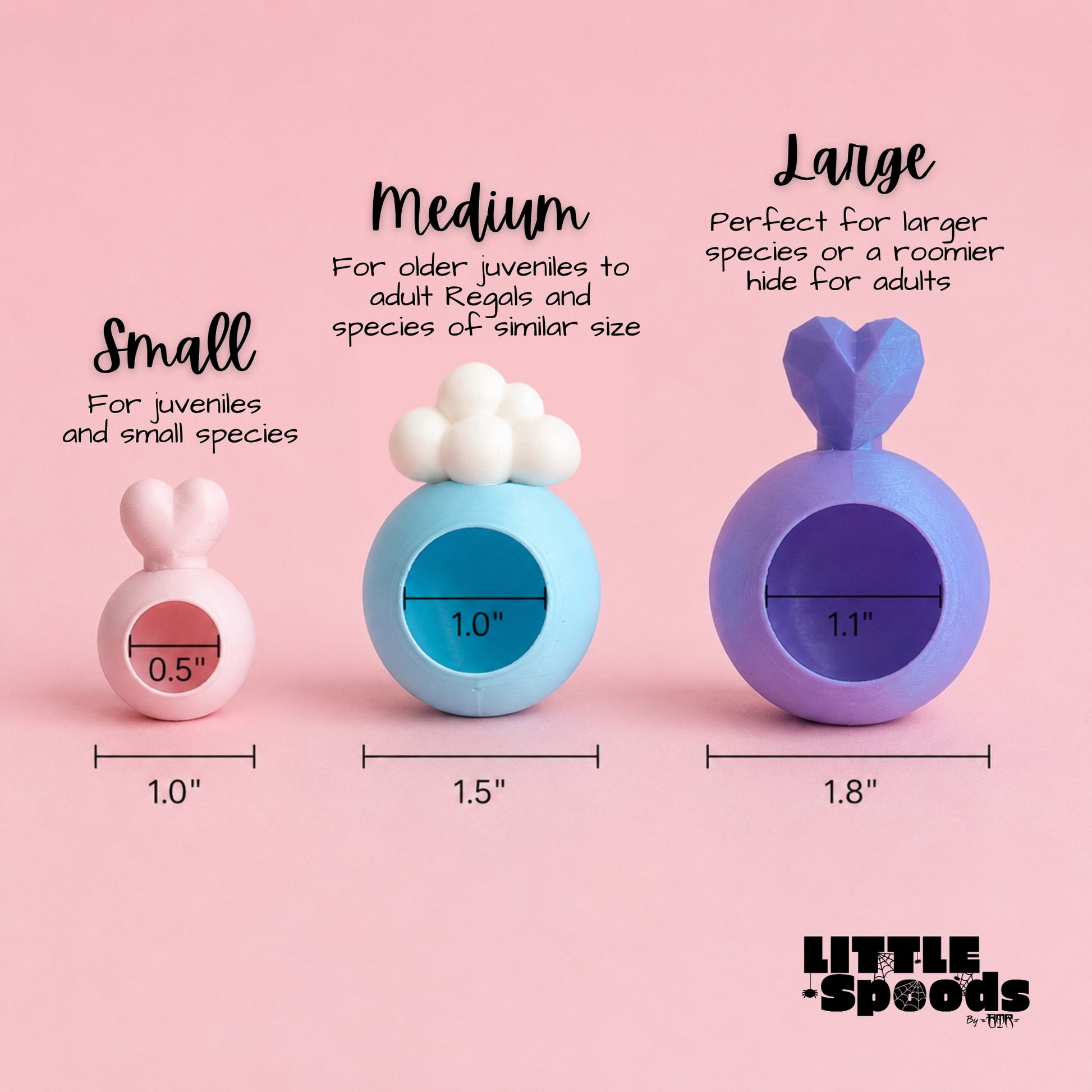 Size guide comparing juvenile, medium, and large jumping spider hides