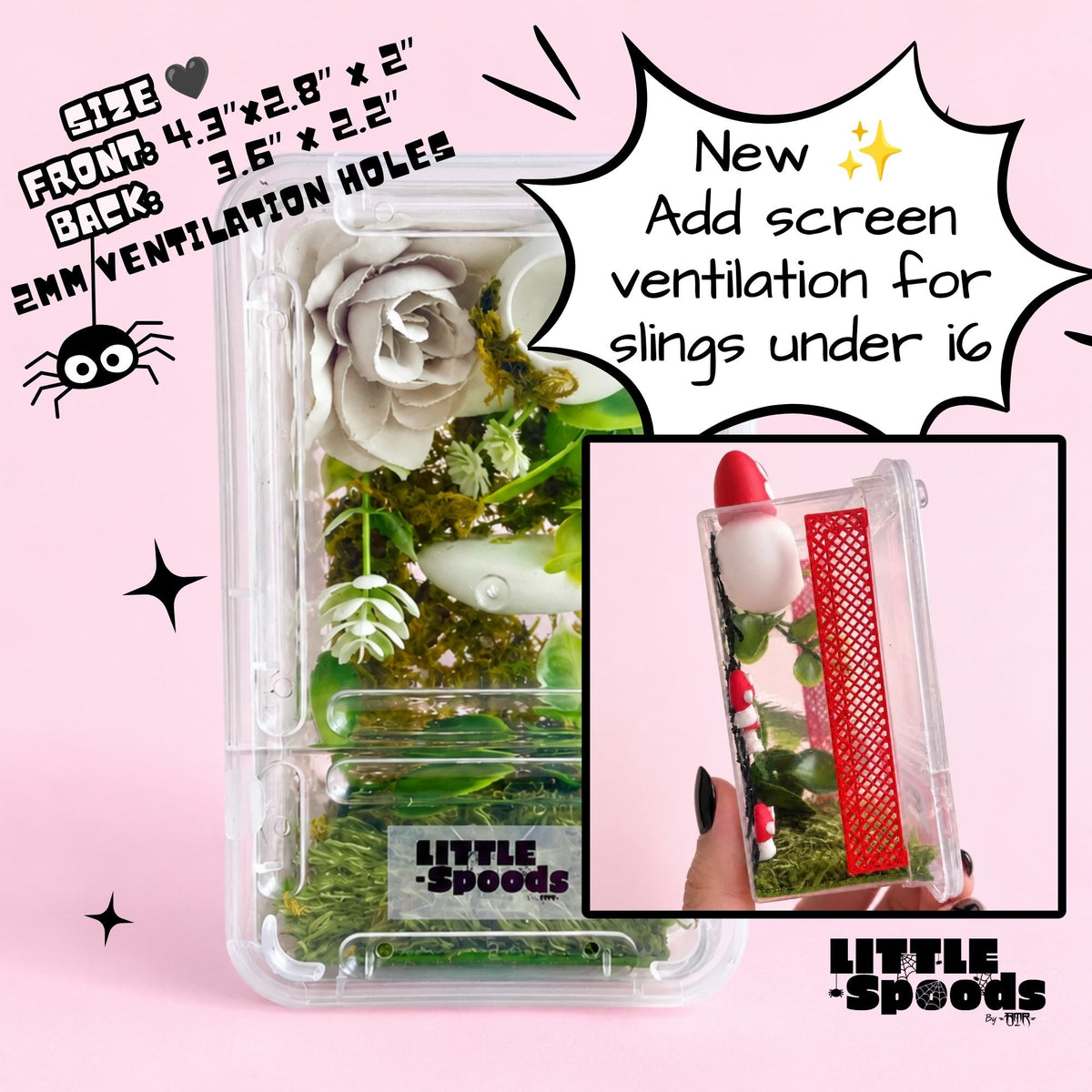 Naturalistic jumping spider enclosure with optional screen ventilation insert for small slings and juvenile jumping spiders