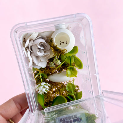 Angled view of a decorated juvenile jumping spider enclosure featuring a natural moss background, cascading greenery, white flowers, and a white hide