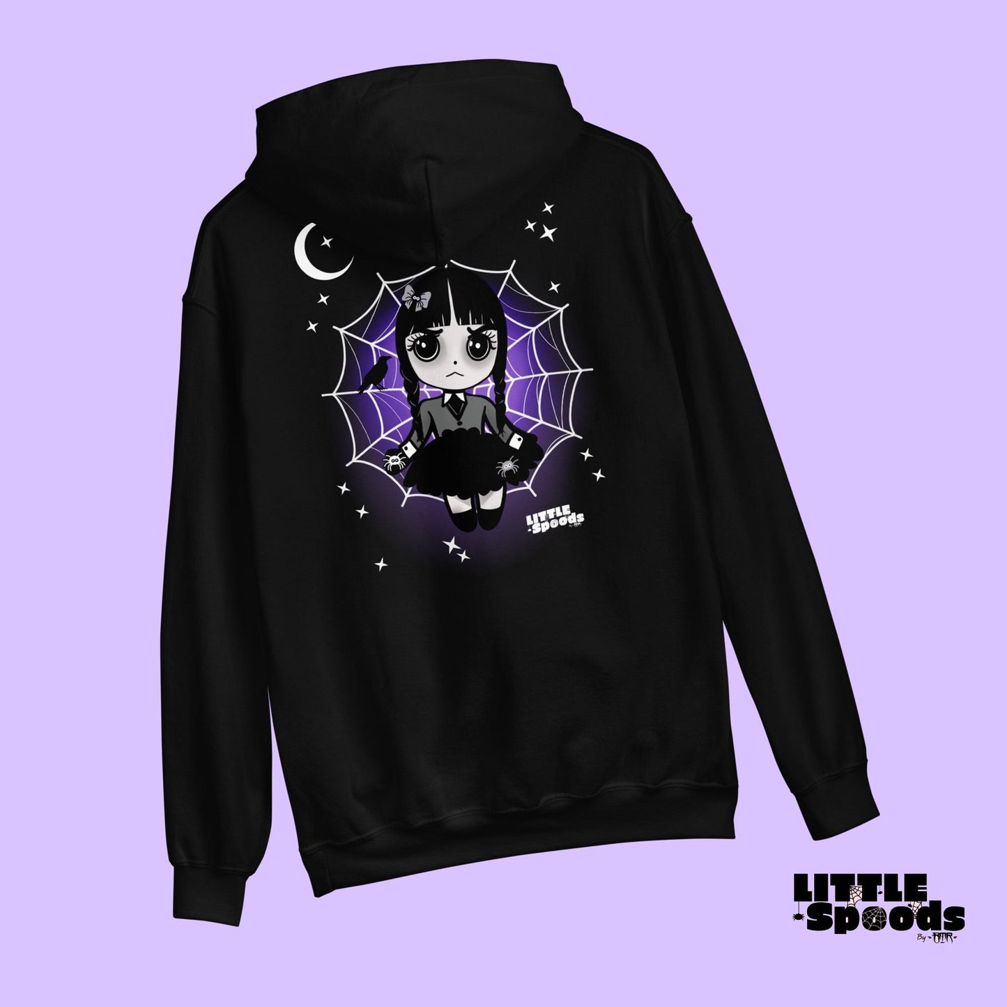 Black hoodie featuring Wednesday-inspired jumping spider artwork by Little Spoods