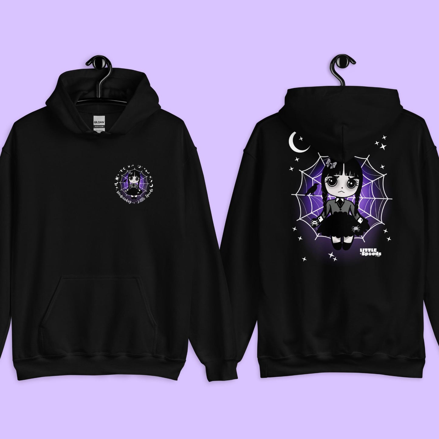 Black hoodie featuring Wednesday-inspired jumping spider artwork by Little Spoods