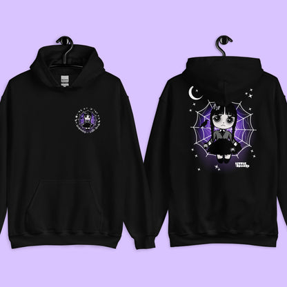 Black hoodie featuring Wednesday-inspired jumping spider artwork by Little Spoods