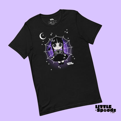 Black t-shirt featuring Wednesday-inspired jumping spider artwork by Little Spoods