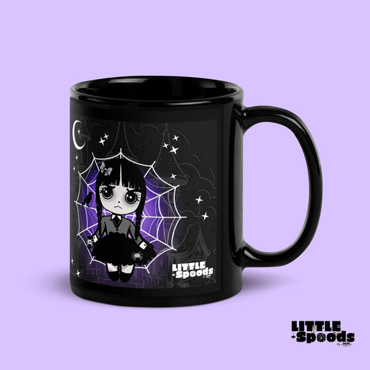 Ceramic mug featuring Wednesday-inspired jumping spider artwork by Little Spoods