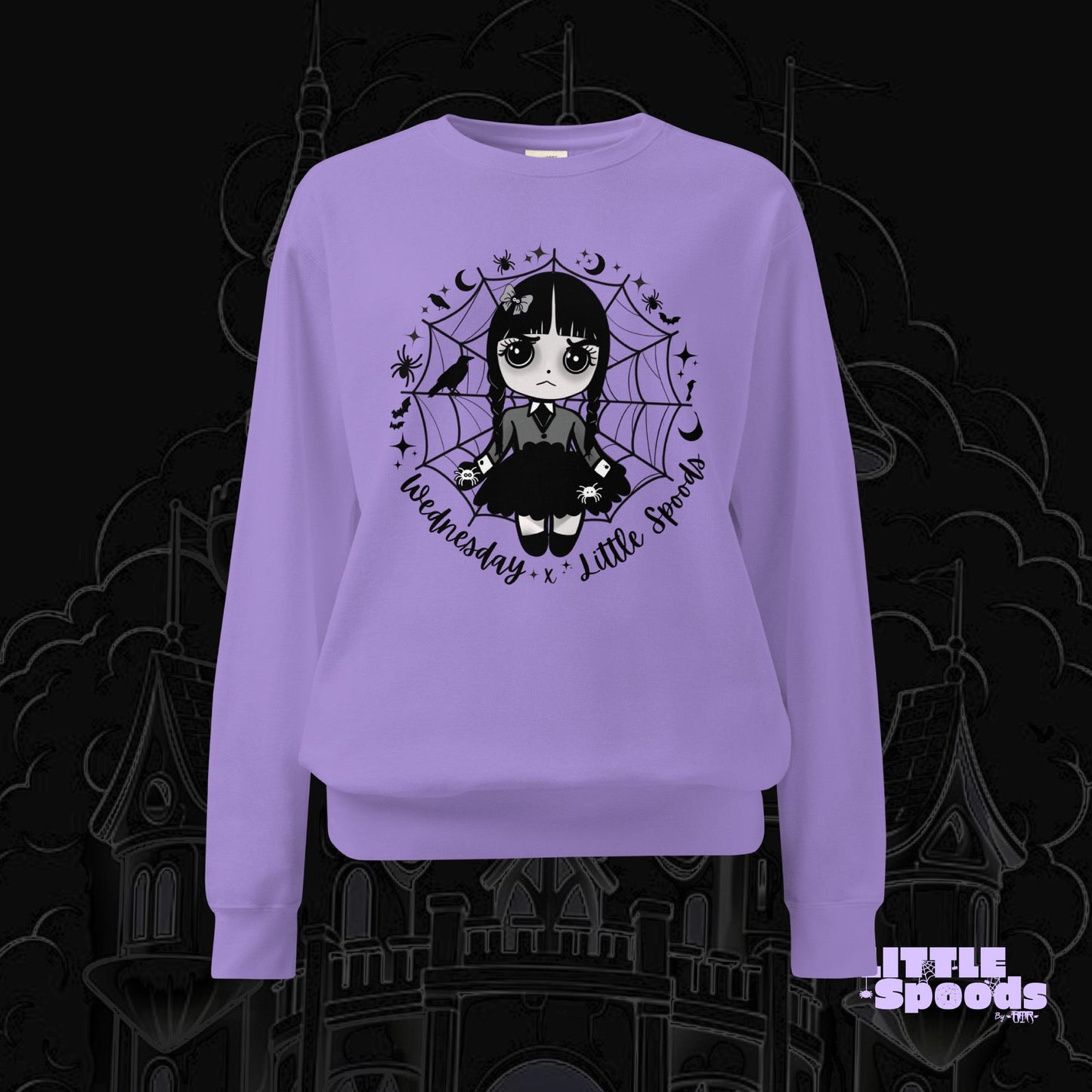 Purple sweatshirt featuring Wednesday-inspired jumping spider artwork by Little Spoods