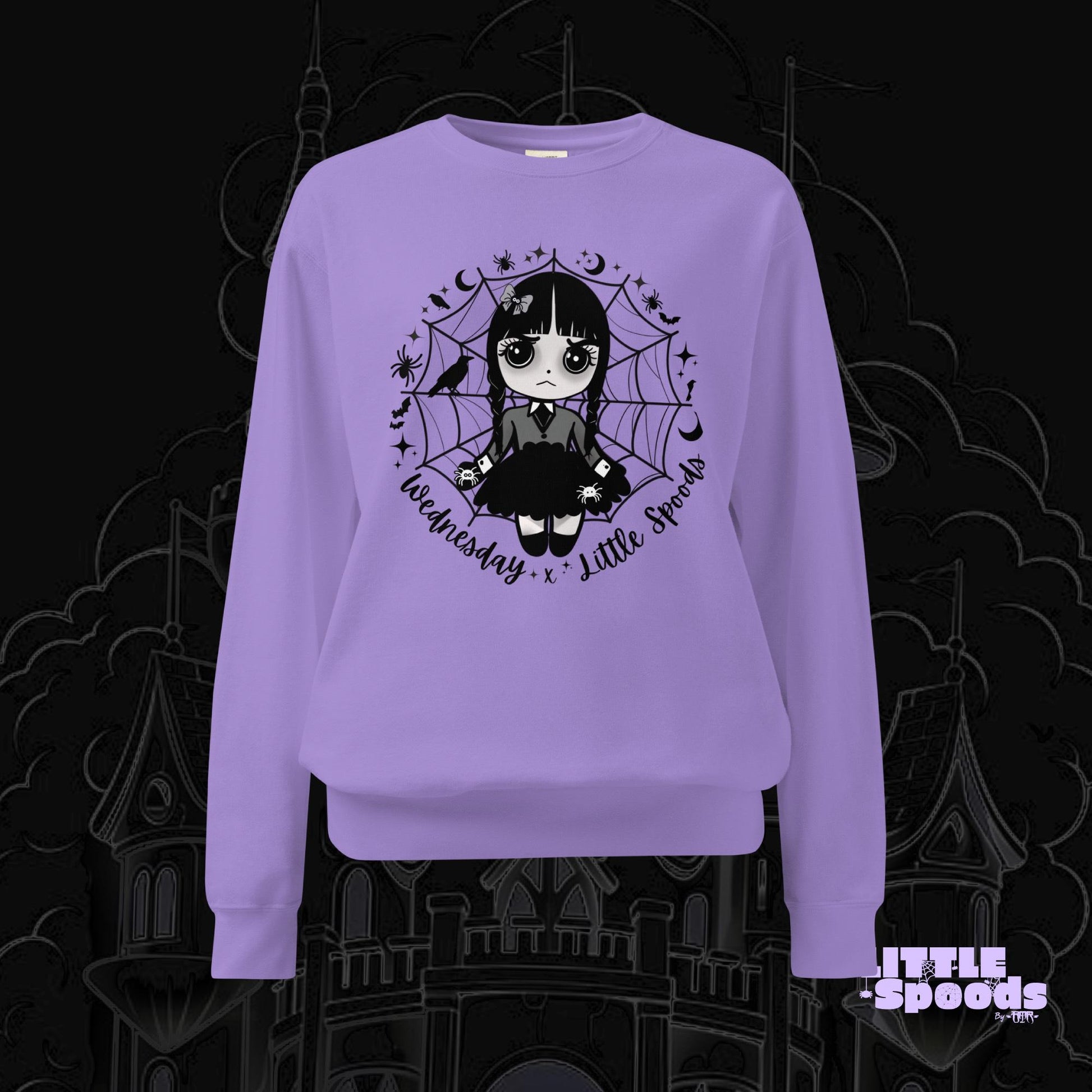 Purple sweatshirt featuring Wednesday-inspired jumping spider artwork by Little Spoods