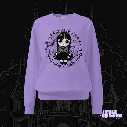Purple sweatshirt featuring Wednesday-inspired jumping spider artwork by Little Spoods