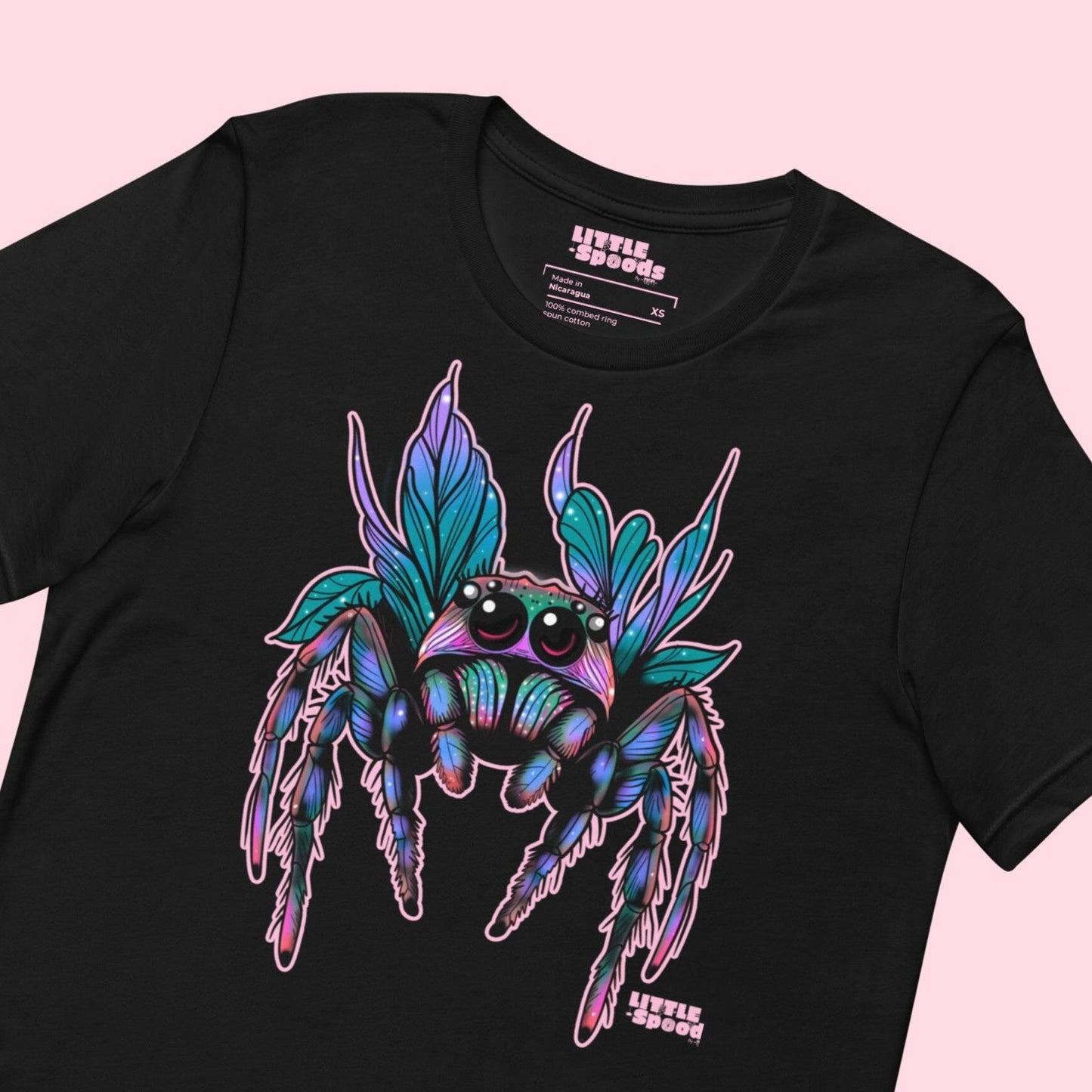 Black jumping spider t-shirt with pink colorful spider design, gothic spider merch apparel