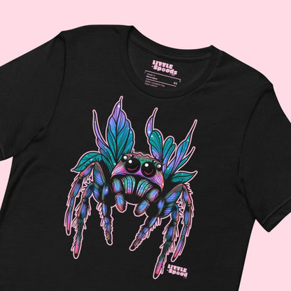 Black jumping spider t-shirt with pink colorful spider design, gothic spider merch apparel