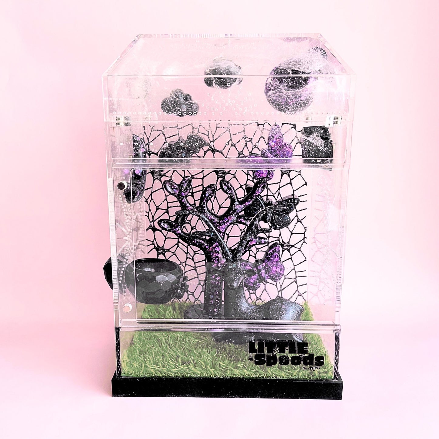 Decorated Large Imaginarium jumping spider enclosure featuring purple and black whimsical themed decor
