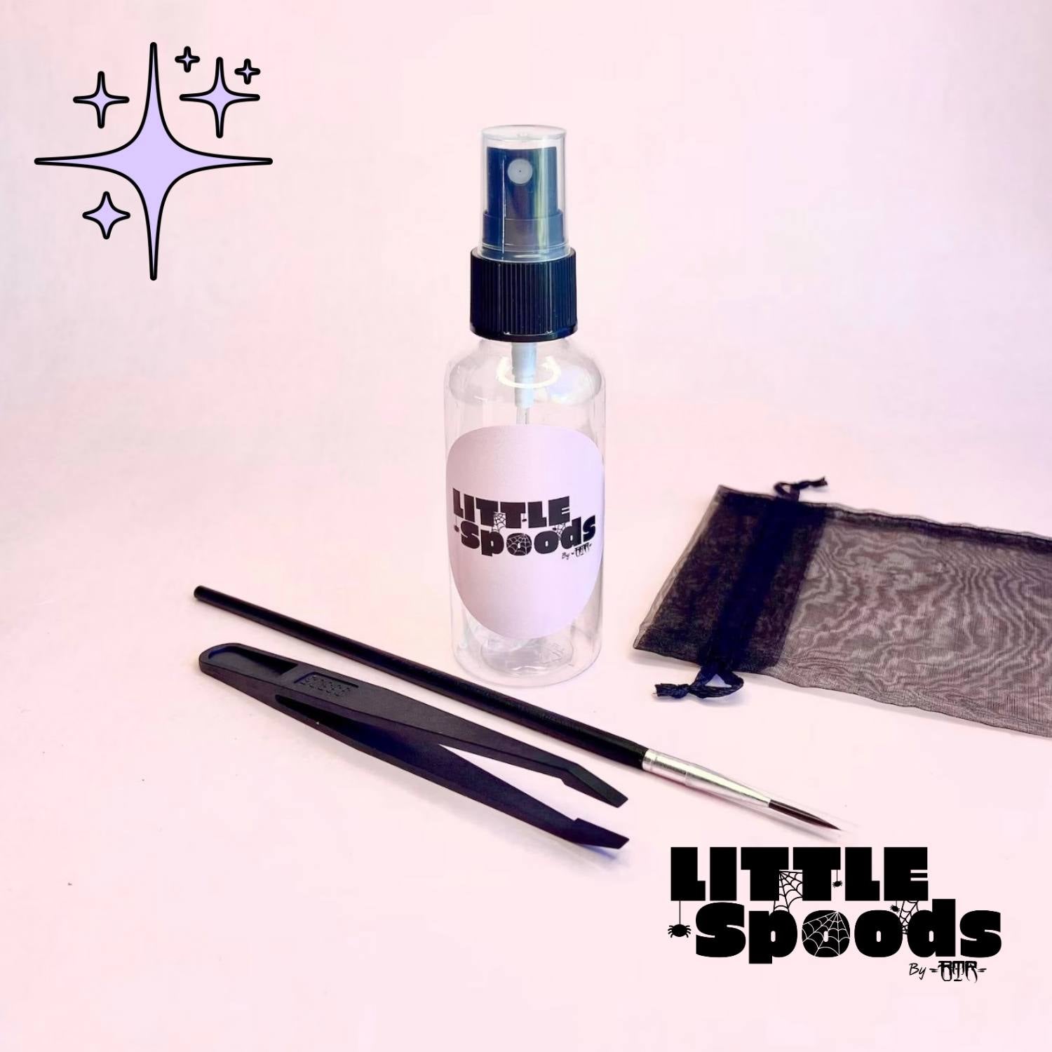 Jumping spider starter kit tools closeup – brush, tongs, spray bottle and pouch