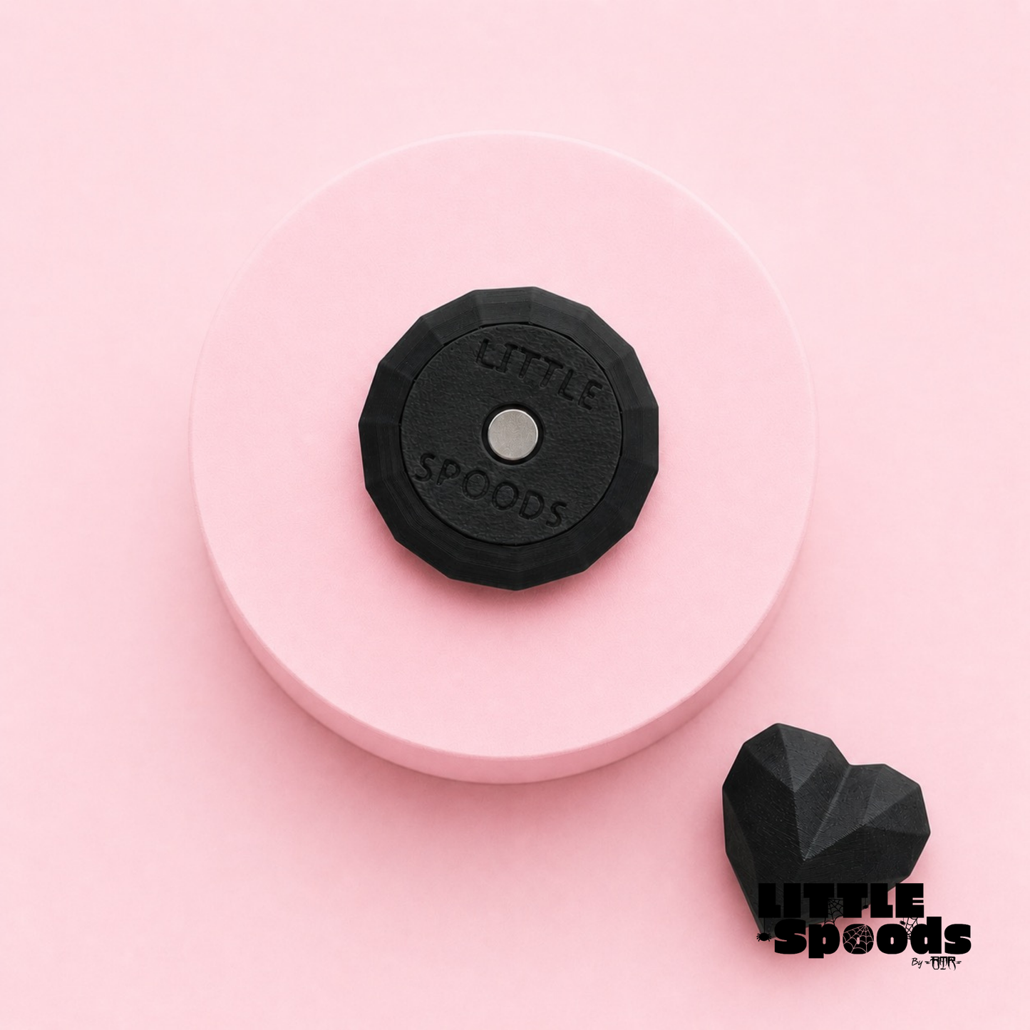 Black jumping spider hide with matching faceted heart magnet displayed separately