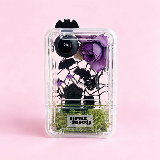Gothic decorated juvenile jumping spider enclosure with purple flowers, black bats, gravestone, and magnetic bat hide