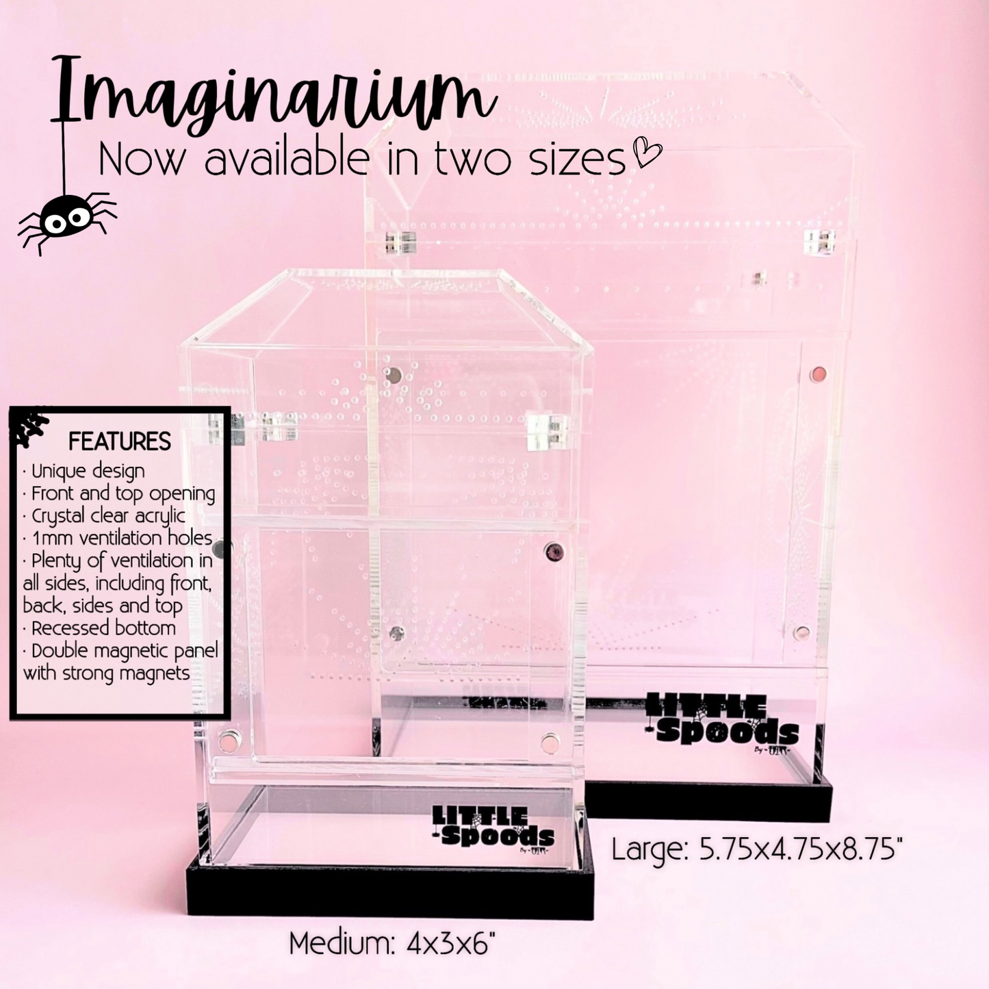 Medium and Large Imaginarium enclosure size comparison showing dimensions and enclosure features