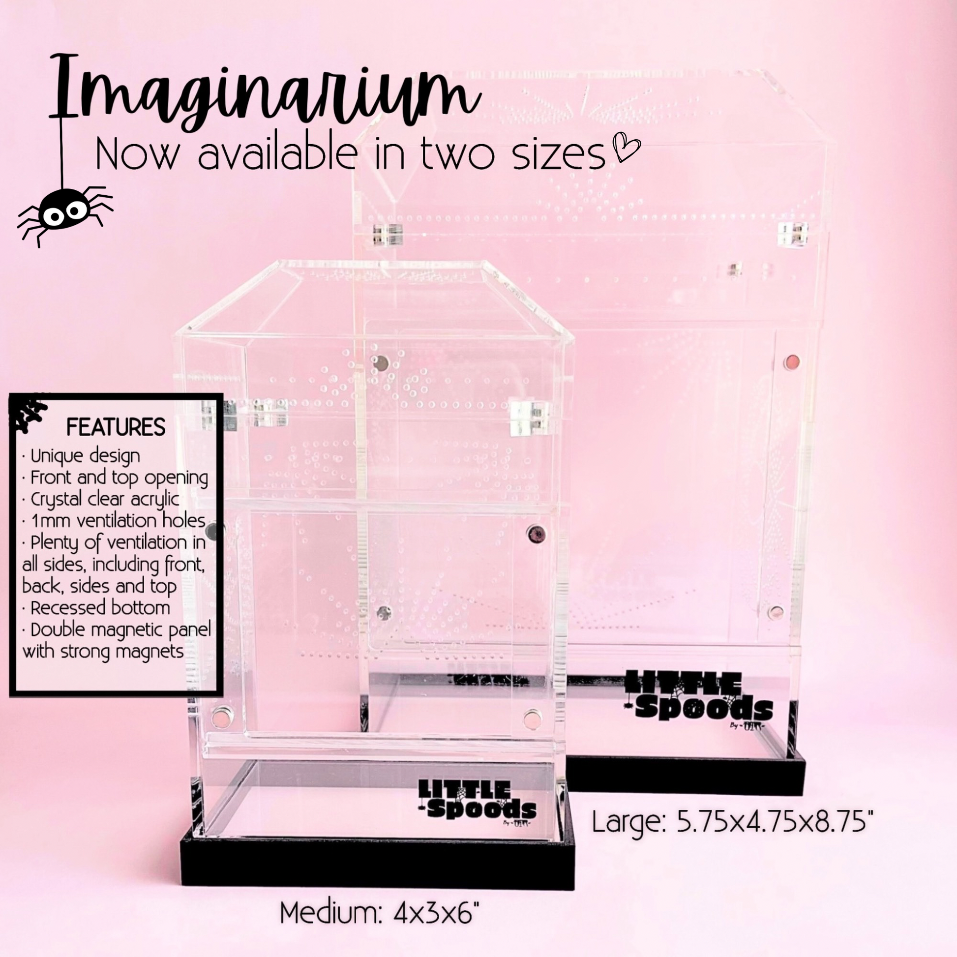 Medium and Large Imaginarium enclosure size comparison showing dimensions and enclosure features