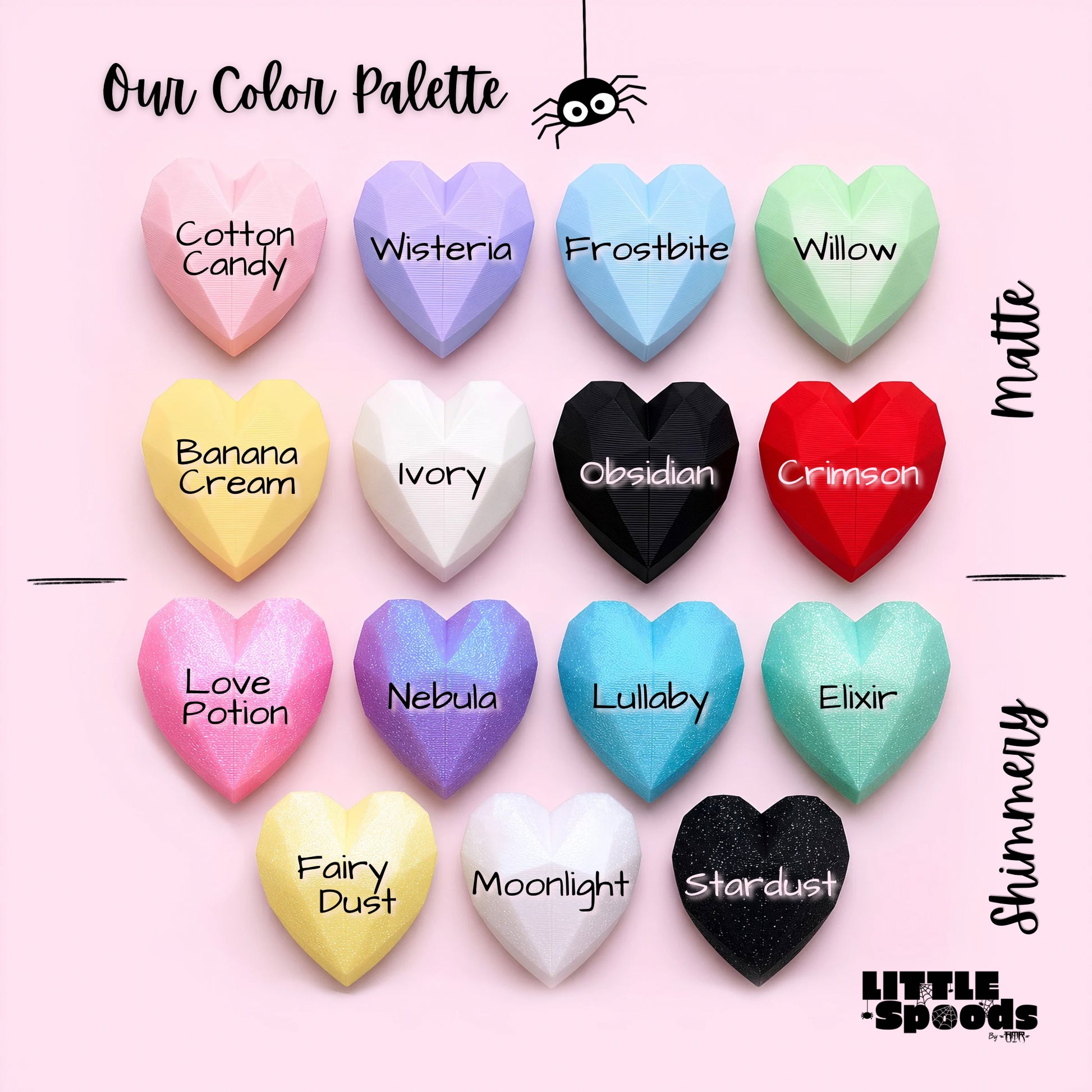 Heart Jumping Spider Hide color swatches showing available matte and shimmery color options.