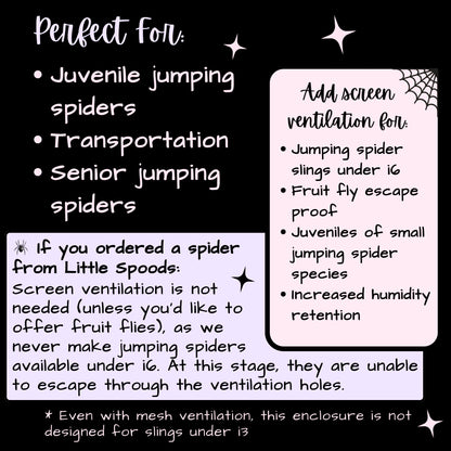 Juvenile jumping spider enclosure information graphic showing recommended uses and benefits of optional screen ventilation