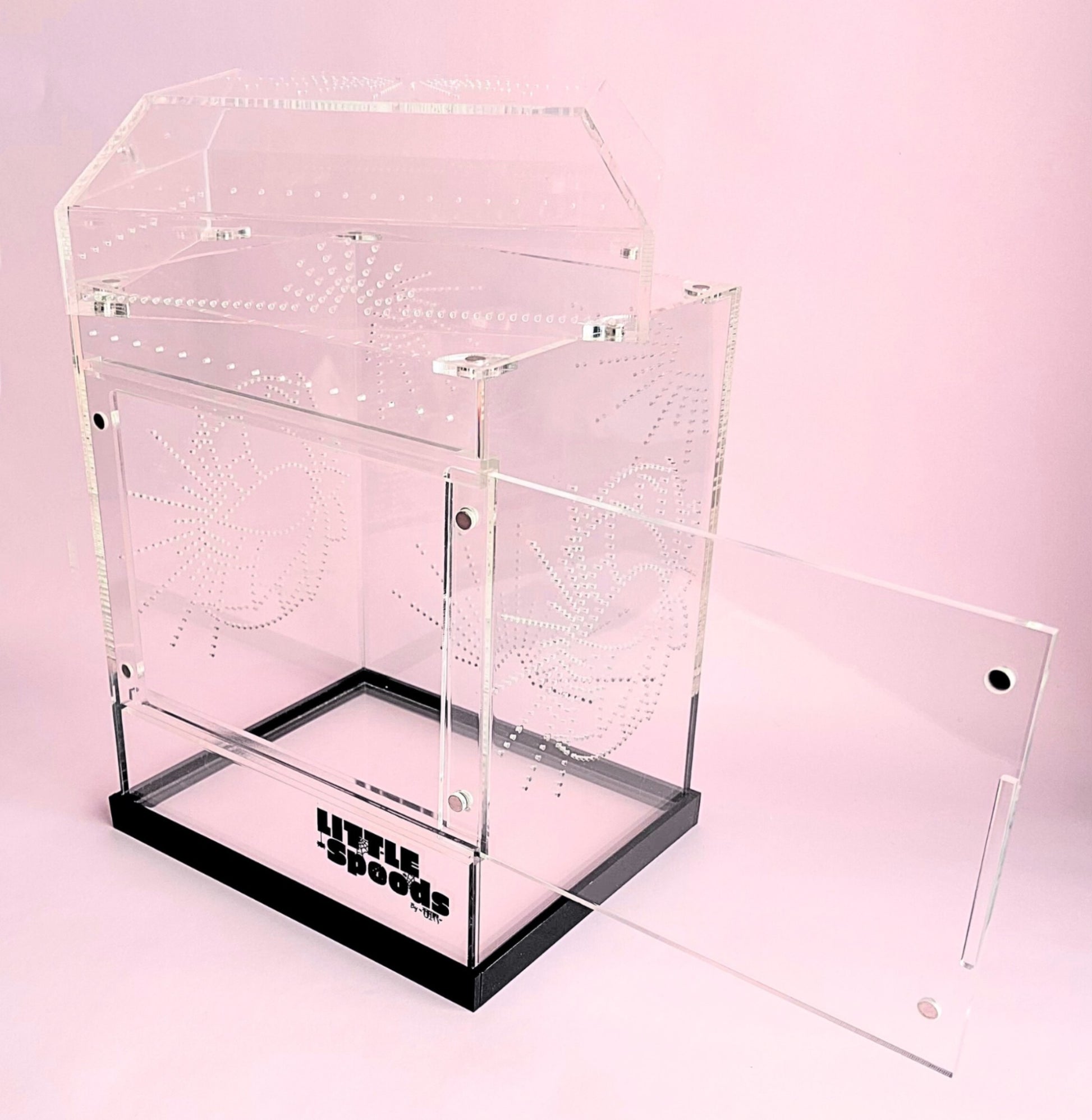 Large Imaginarium jumping spider enclosure with top and front access door open for easy feeding and maintenance