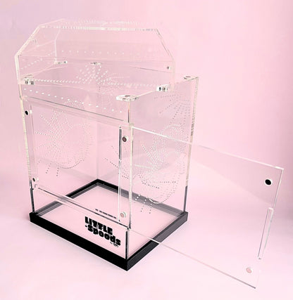 Large Imaginarium jumping spider enclosure with top and front access door open for easy feeding and maintenance