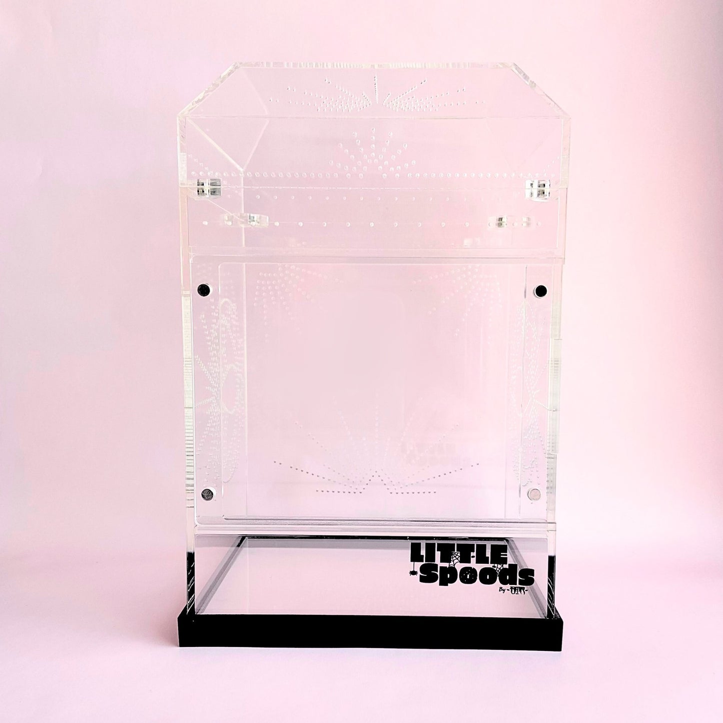 Large Imaginarium front opening acrylic jumping spider enclosure with crystal-clear panels and decorative ventilation design