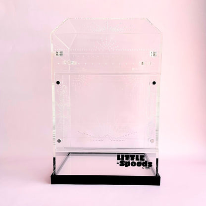 Large Imaginarium front opening acrylic jumping spider enclosure with crystal-clear panels and decorative ventilation design