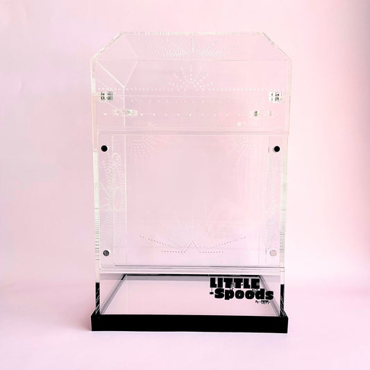 Large Imaginarium front opening acrylic jumping spider enclosure with crystal-clear panels and decorative ventilation design