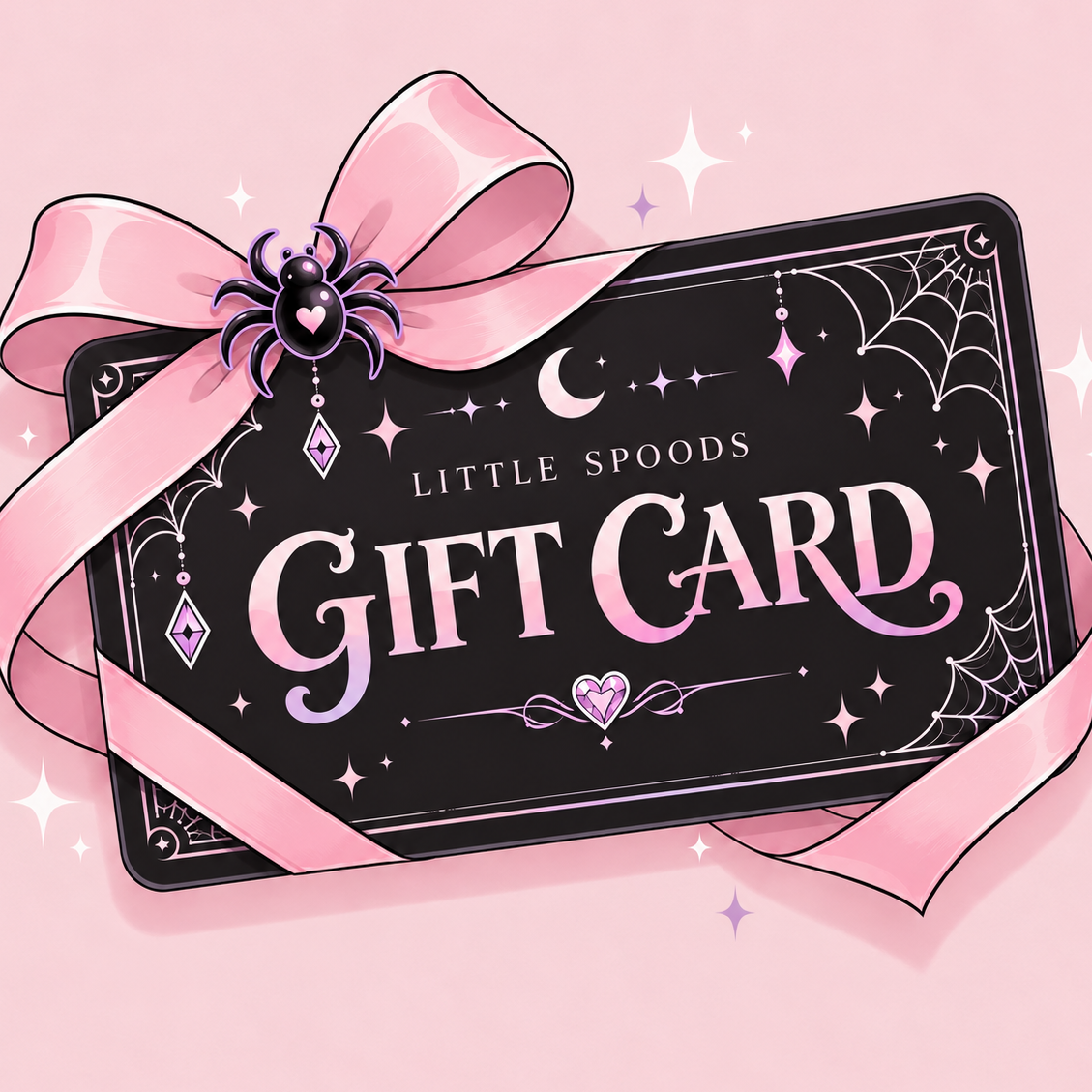Little Spoods digital gift card featuring a black gift card with pastel pink ribbon, purple-outlined spider bow, and gothic spiderweb and celestial details on a soft pink background.