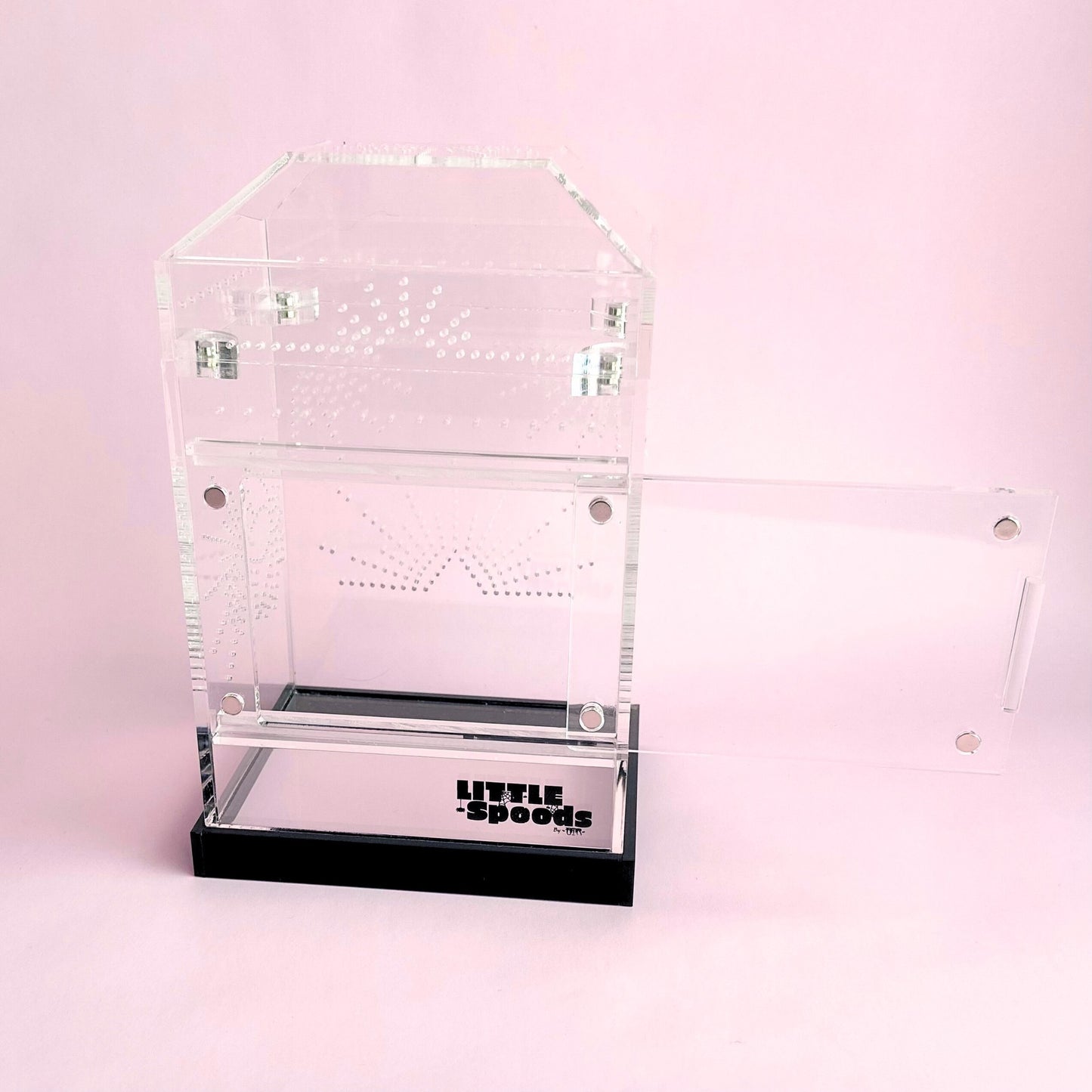 Medium Imaginarium jumping spider enclosure with front access door open for easy feeding and maintenance