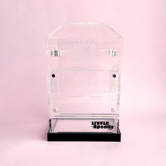 Medium Imaginarium front opening acrylic jumping spider enclosure with crystal-clear panels and geometric ventilation design