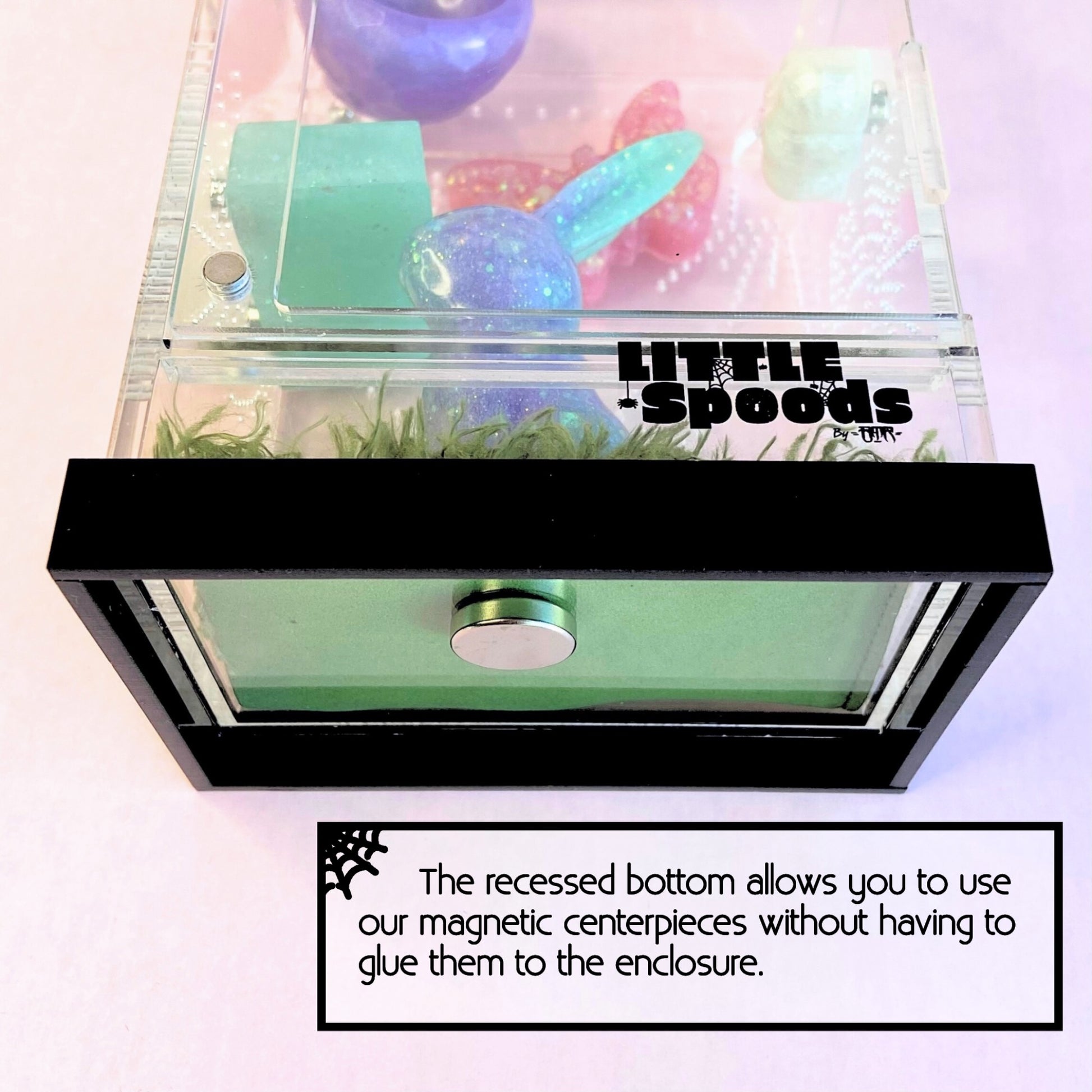 Recessed base of Medium Imaginarium enclosure showing compatibility with magnetic enclosure decor and centerpieces