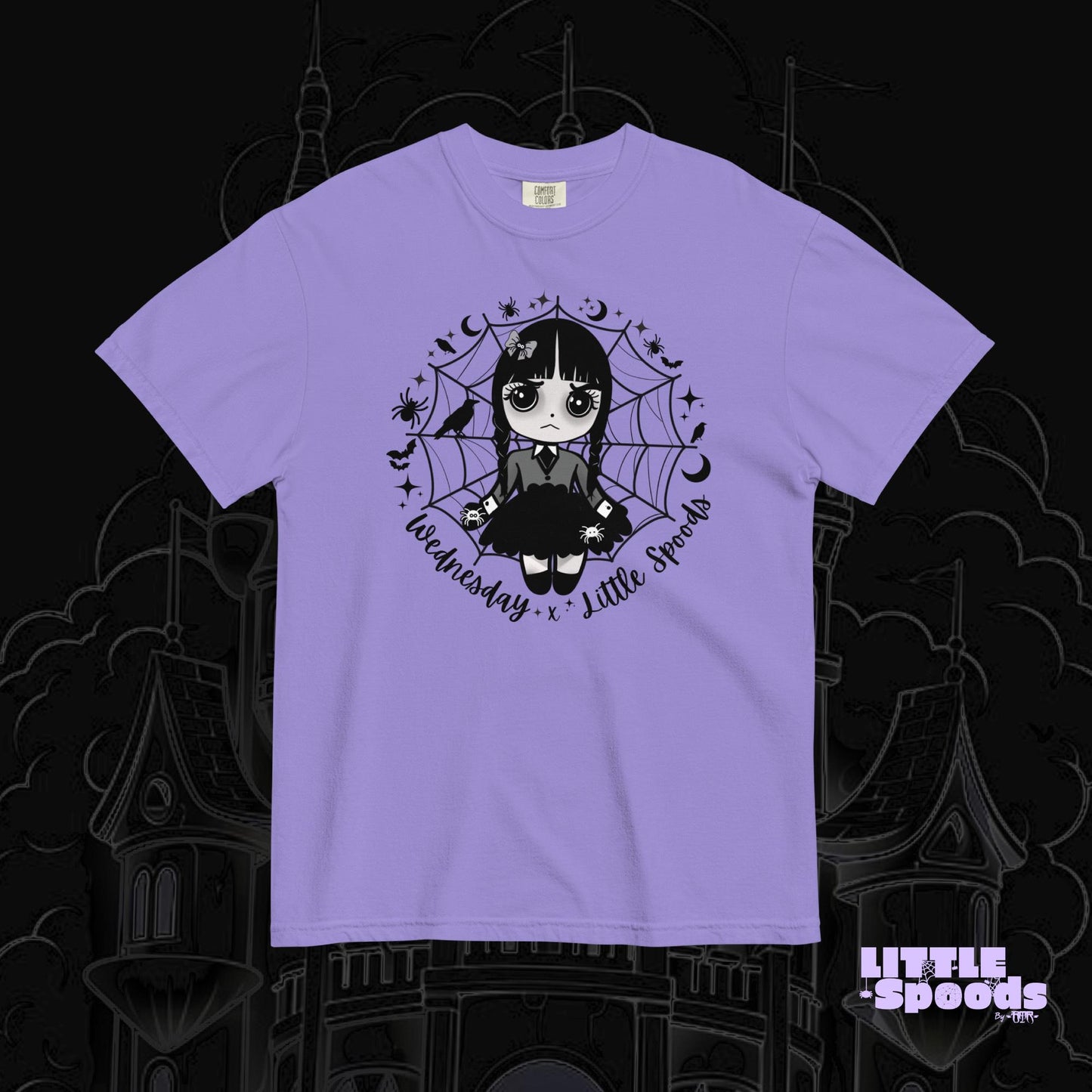 Purple t-shirt featuring Wednesday-inspired jumping spider artwork by Little Spoods