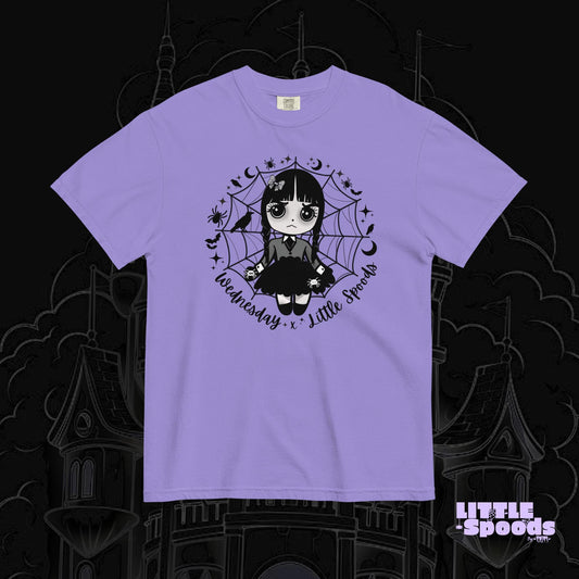 Purple t-shirt featuring Wednesday-inspired jumping spider artwork by Little Spoods