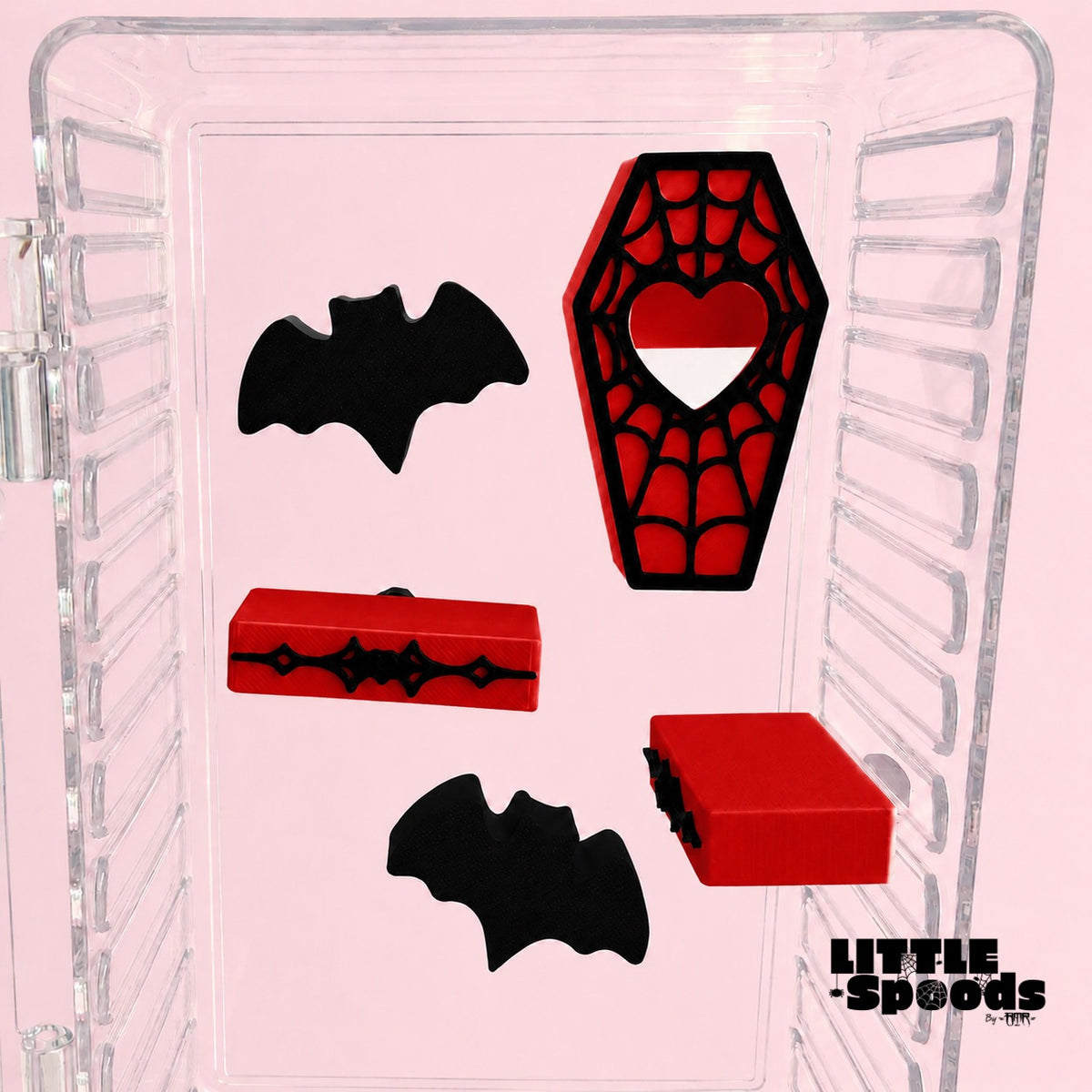 Red Vampirella magnetic jumping spider ledges with gothic enclosure decor inside a clear enclosure