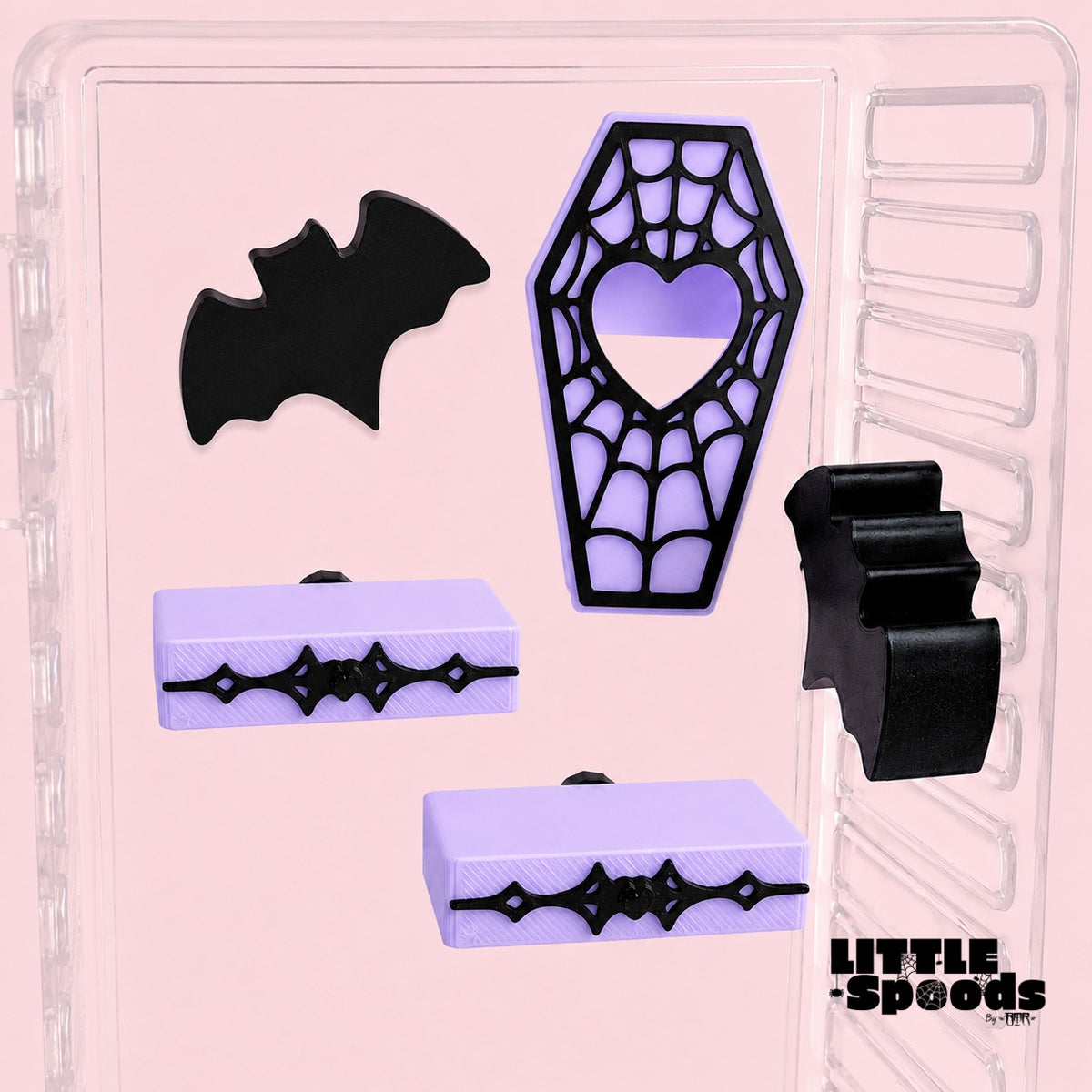 Vampirella gothic jumping spider enclosure decor including purple magnetic ledges and gothic accessories
