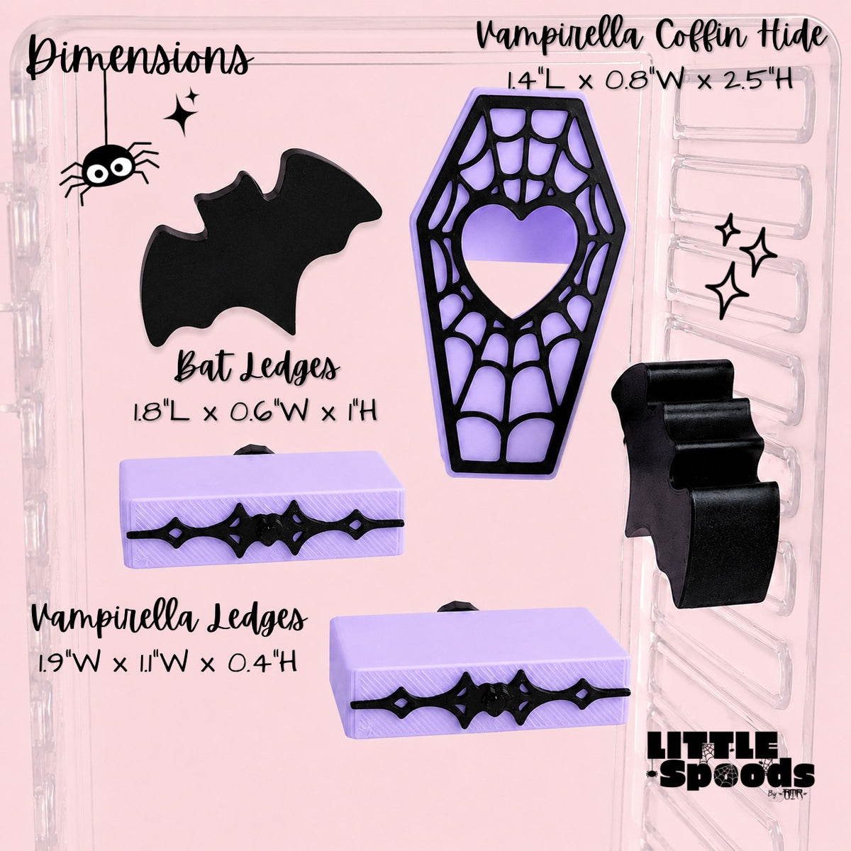 Vampirella jumping spider ledges showing size measurements and gothic enclosure accessories