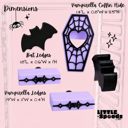 Vampirella jumping spider ledges showing size measurements and gothic enclosure accessories